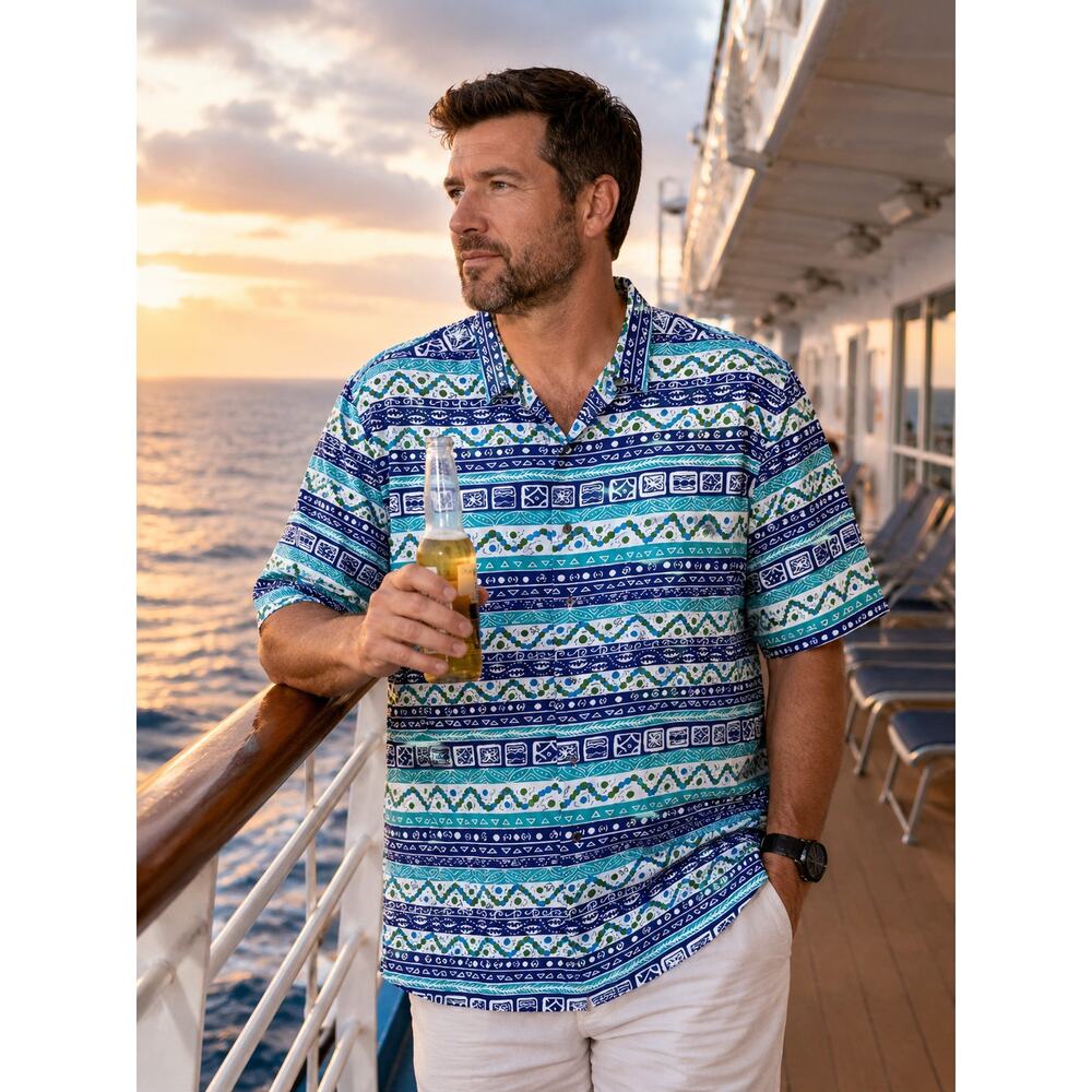 Henry Grethel Tropical Shirt Men’s Large Blue Green Geometric Resort Button Up